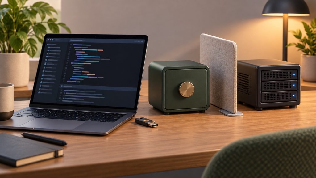 A developer laptop beside a closed personal vault, a workspace divider and a separate project server, with a generic hardware key.