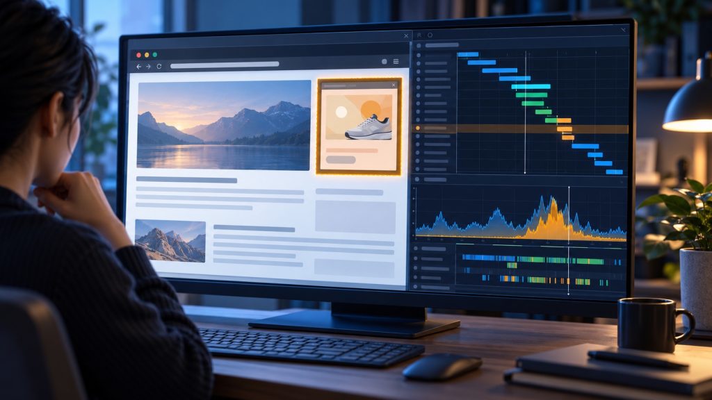 Developer inspecting a highlighted advertising frame beside abstract browser request and CPU traces