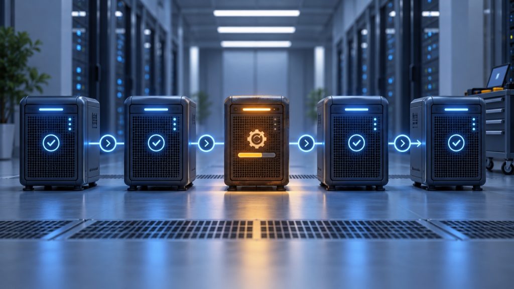 A self-hosted runner server with an amber update indicator between healthy blue runner nodes