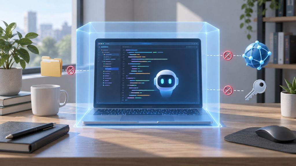 Laptop with a code workspace inside a translucent boundary and file, network and key symbols outside it