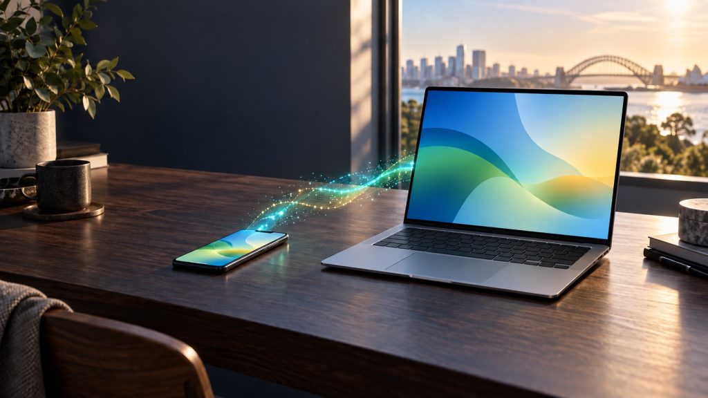 Unbranded laptop and phone linked by abstract light with Sydney Harbour in the background