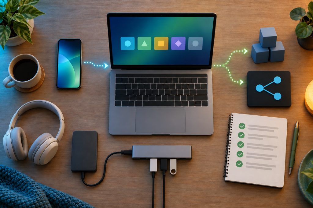 Unbranded laptop, phone and accessories arranged around a buyer checklist