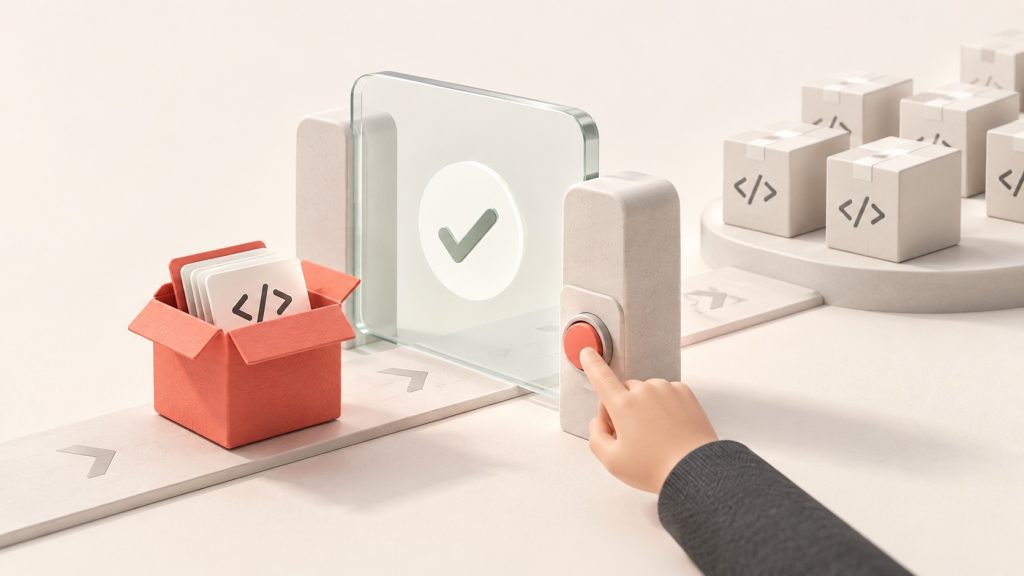 Software package illustration passing through a glass review gate controlled by a human approval button