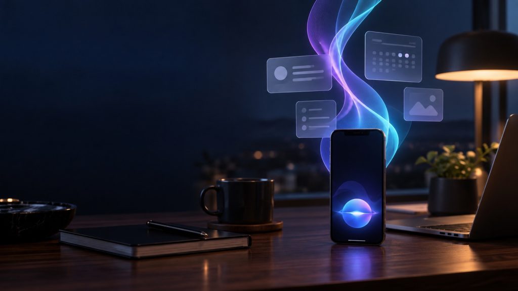 Unbranded phone with abstract light trails connecting calendar and message cards