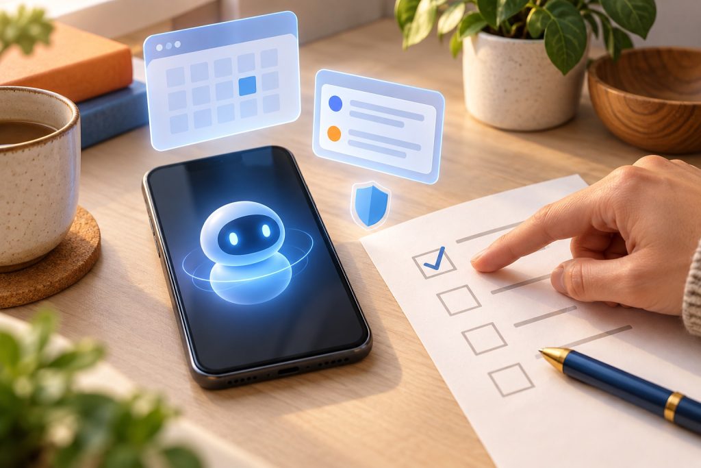 Hand checking a list beside a phone and abstract calendar and message cards