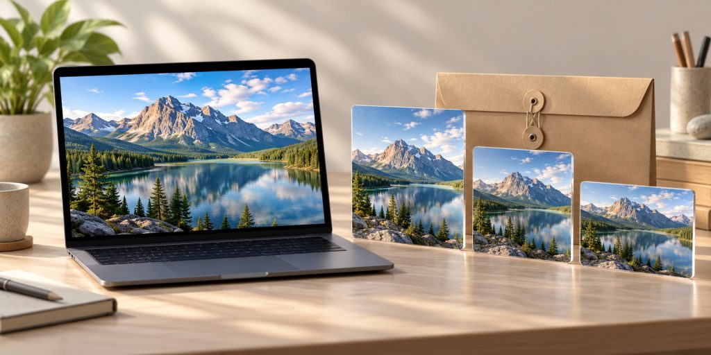 An unbranded laptop and three image cards showing the same mountain lake, beside a plain archive envelope.