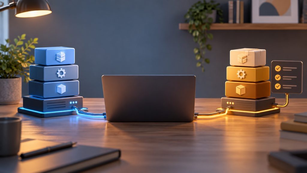 A laptop between blue production-package blocks and amber compatibility-test blocks, with separate connecting paths.