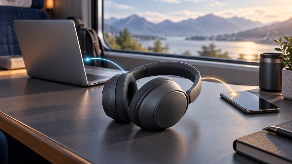 Generic over-ear headphones on a desk between a laptop and phone, illustrating a two-device listening setup.